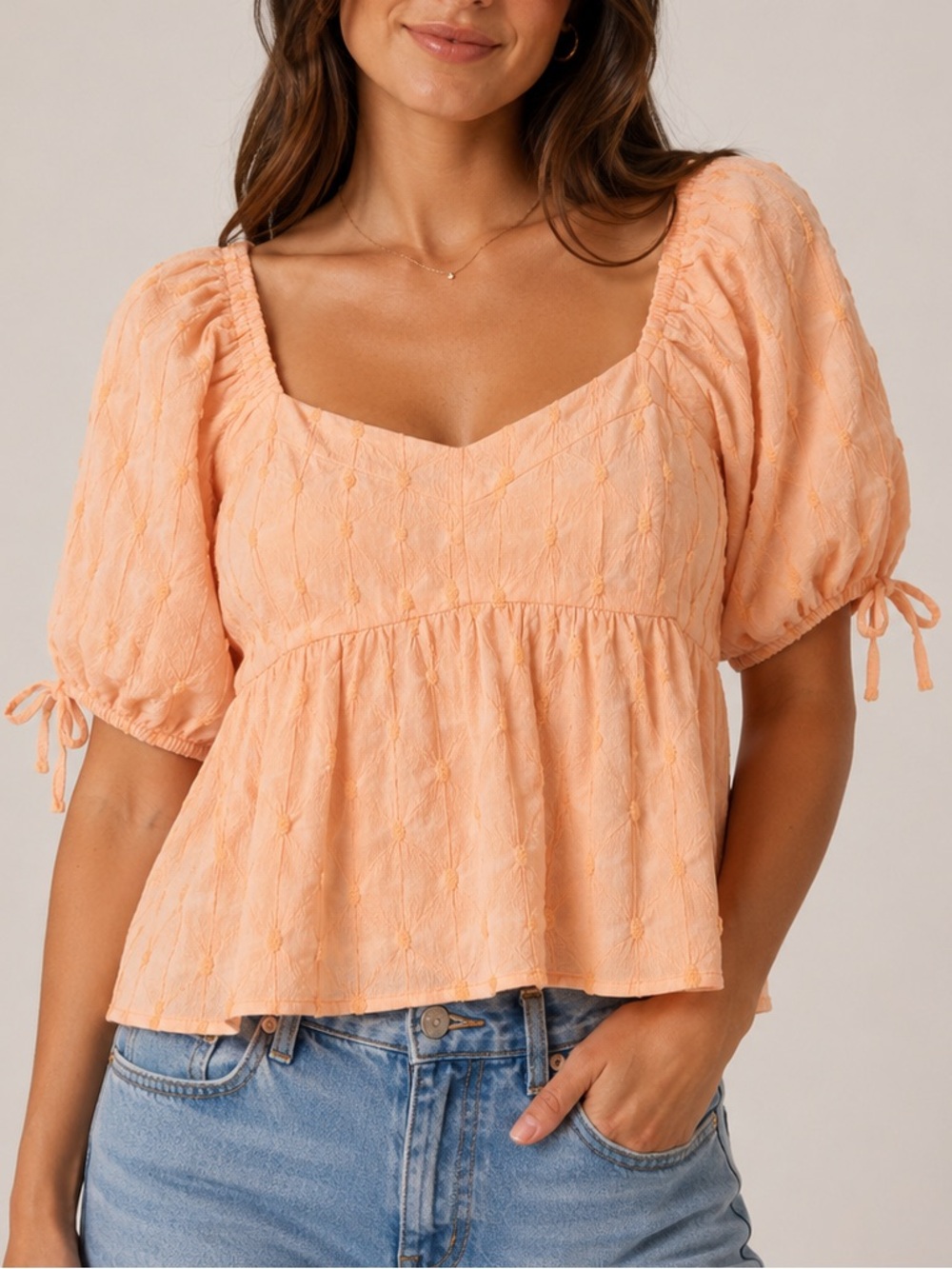Peplum Puff-Sleeve Blouse in Peach